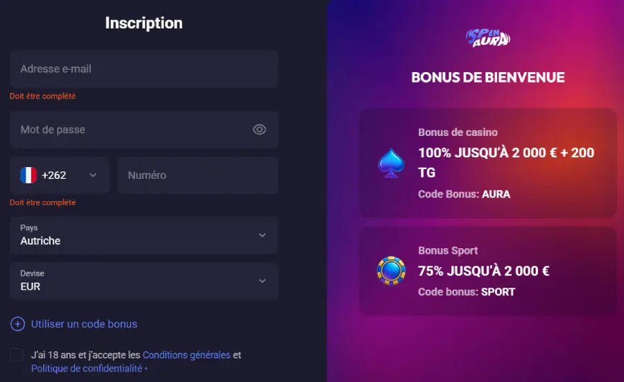 S'inscrire sur Spinaura Casino